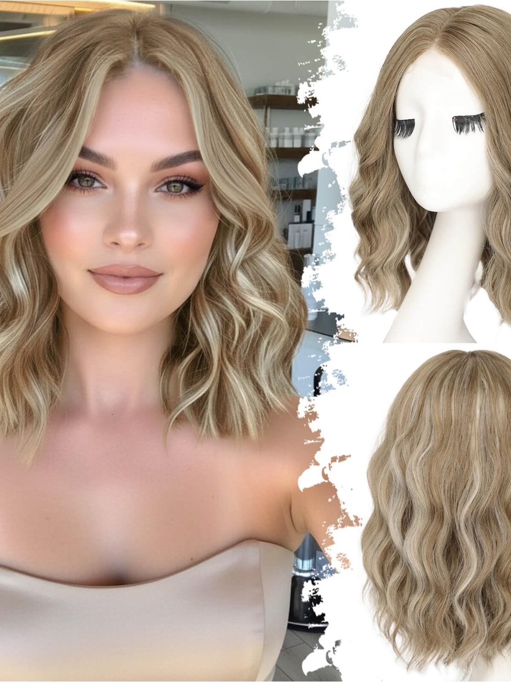 Soft Wavy Shoulder-Length Blonde Wig, Natural Highlighted Blonde